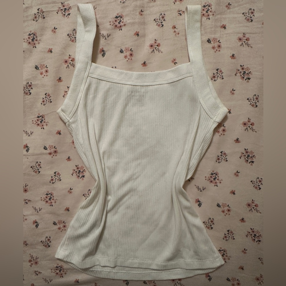 American Eagle White Ribbed Square Neck Tank
